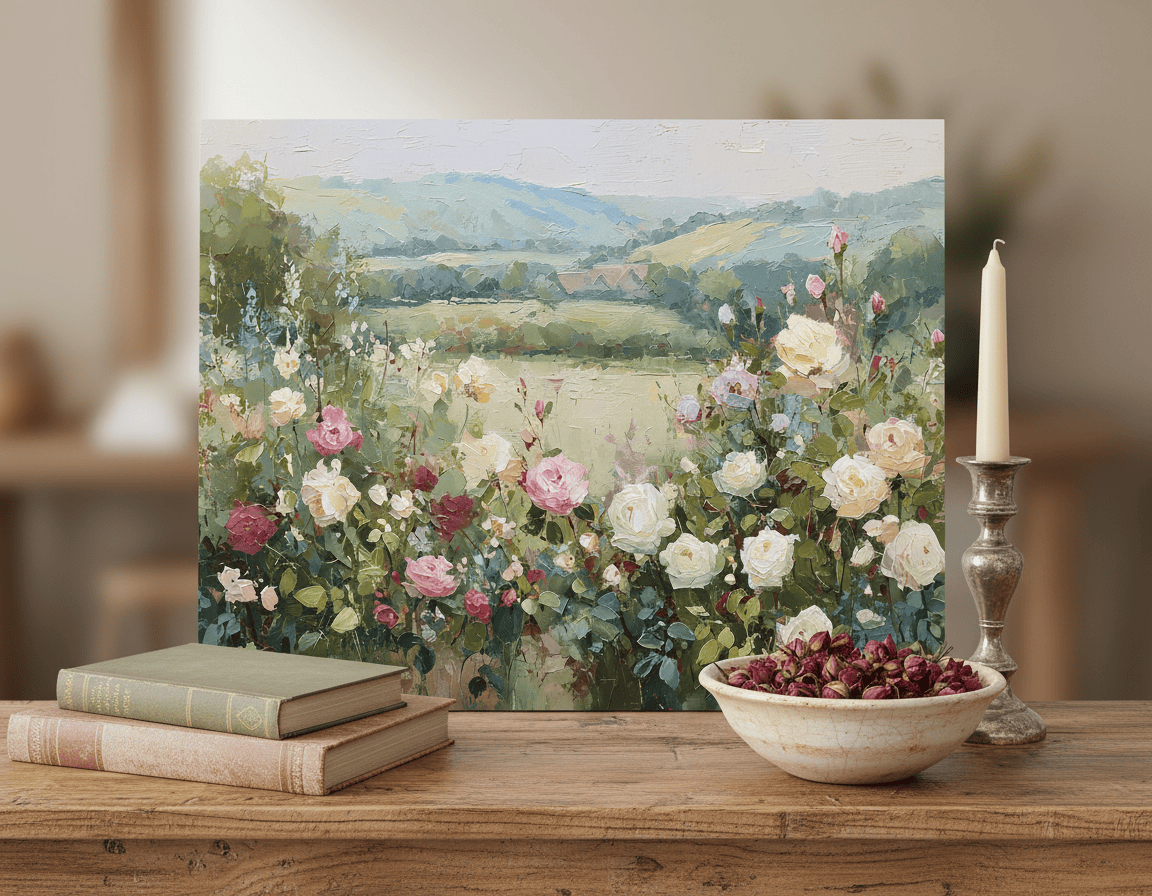 A close-up of a cozy bedroom reading nook. An archival paper print of the Pastel Rose landscape is leaning against a white-paneled wall on a small wooden side table. Next to the print is a stack of vintage books and a steaming cup of tea. The lighting is warm and golden, coming from a nearby window.
