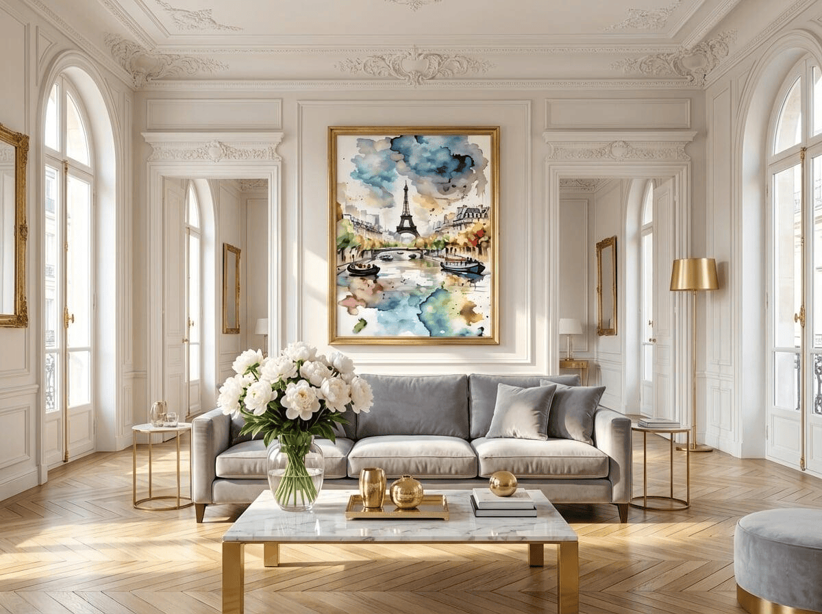 A luxurious sunlit Parisian-style living room with high ceilings, ornate white moldings, and a light oak herringbone floor. Above a soft grey velvet sofa hangs a large, elegantly framed Eiffel Tower watercolor print. The room is styled with fresh white peonies in a glass vase and gold accents.