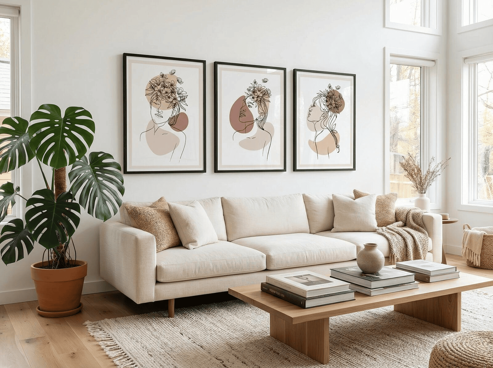 A wide-angle shot of a bright, modern living room with a cream-colored linen sofa. On the wall above the sofa, the three Floral Elegance line art prints are hung in a perfectly straight horizontal row, framed in thin black oak. The room features a large monstera plant and a low-profile coffee table with art books.
