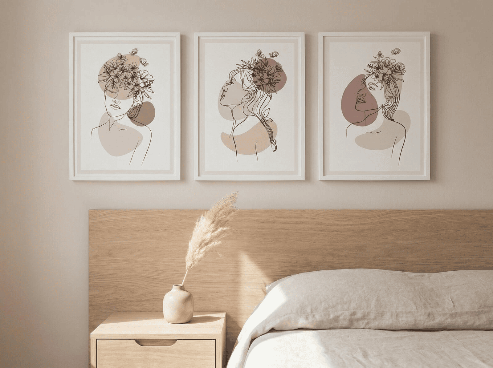 A close-up of a minimalist bedroom. The headboard is made of light-colored wood. Above it, the three floral prints are framed in white, creating a 'tone-on-tone' look against a soft beige wall. A small vase with a single dried flower sits on the nightstand.